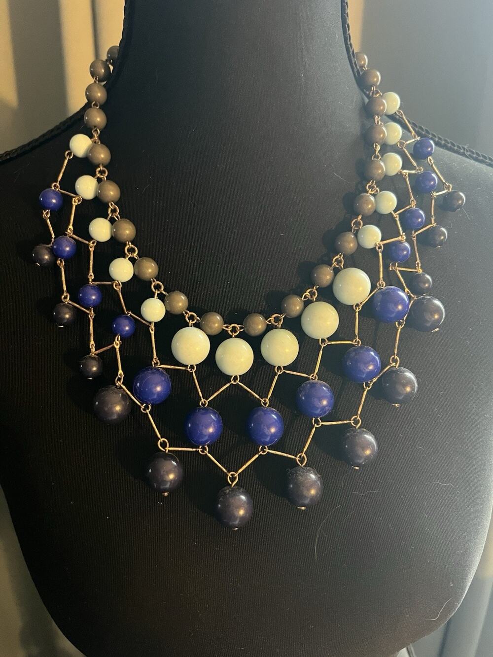 Vintage J. Crew Blue Bubble Bib Bead Statement Necklace Gold Tone “Gossip Girl”